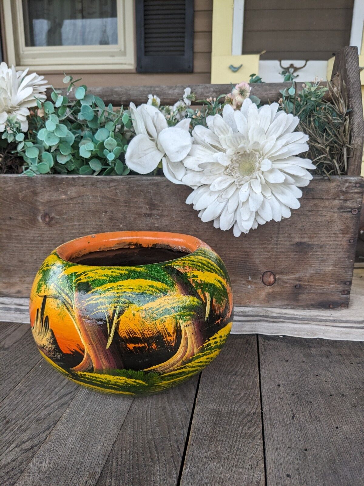 Vintage MCM Hand Painted Clay Planter. Made In Mexico.