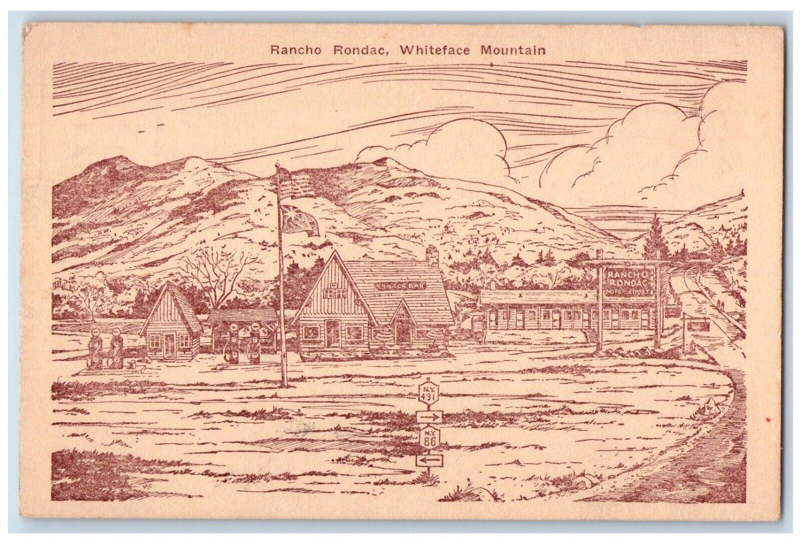 c1920 Rancho Rondac Motor Court Whiteface Mountain Wilmington New York Postcard