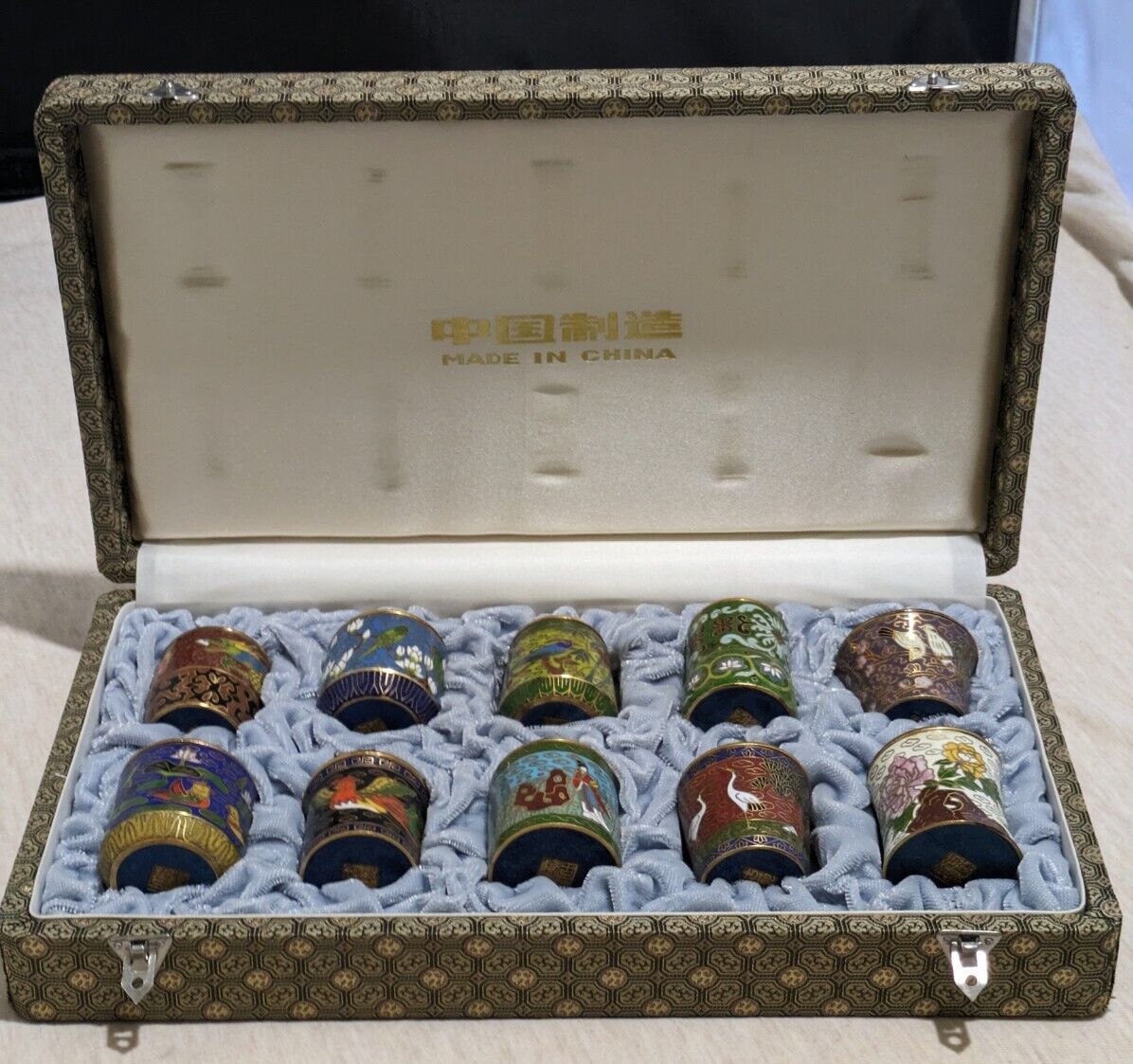Set of 10 Cloisonné Chinese Dragon & Phoenix Trinket Canister Jar Miniature Box