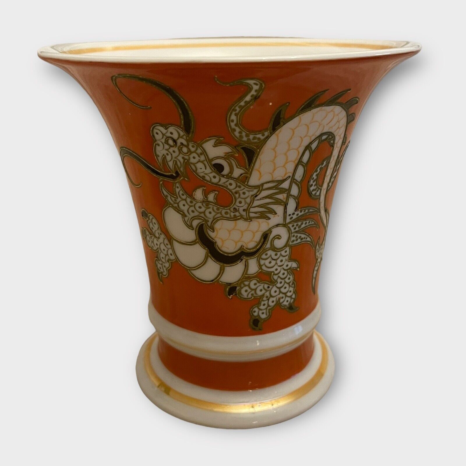 Vintage Schaubach Kunst Ming Dragon Funnel Hand Painted Vase 1926-1952 Germany