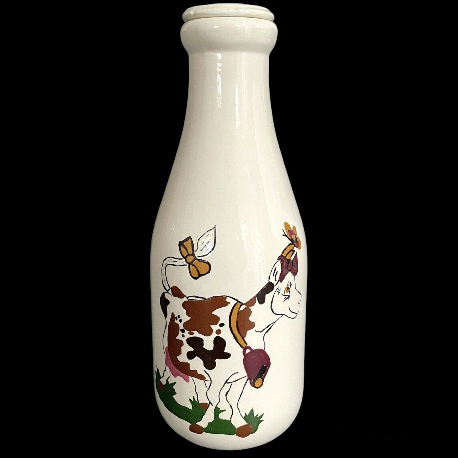 Vintage 1980s Hand Painted Cows on Ceramic Milk Bottle Glossy White Stopper Rare