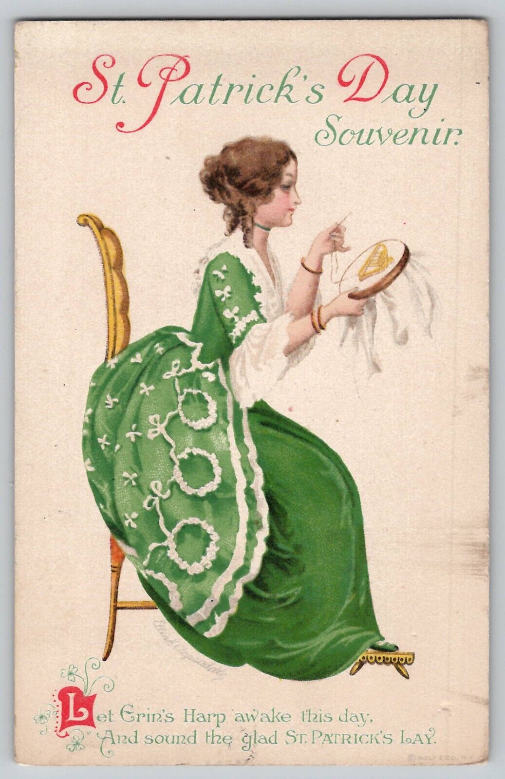 1920 St Patrick's Day Souvenir Postcard Signed Clapsaddle Woman Lady Embroidery