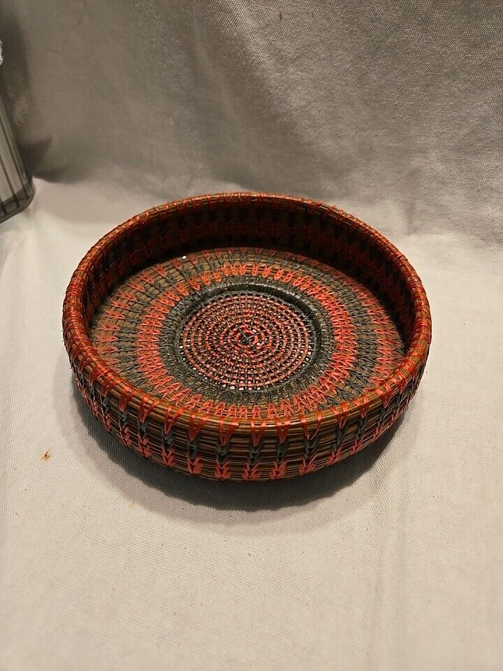 Handmade Native American Pine Needle Basket | Red & Black Stitch