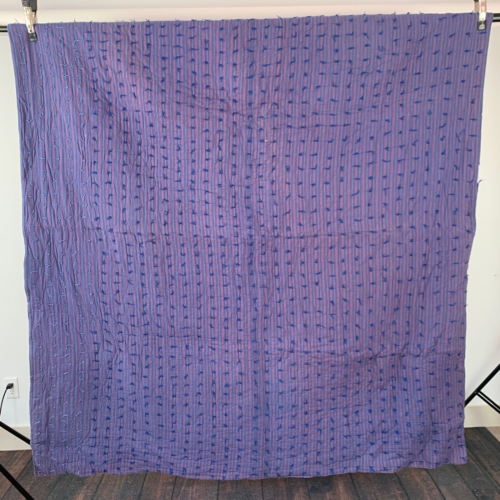 Vintage Hand Stitched Striped Blue Red Blanket Quilt Rustic Primitive 72 x 77