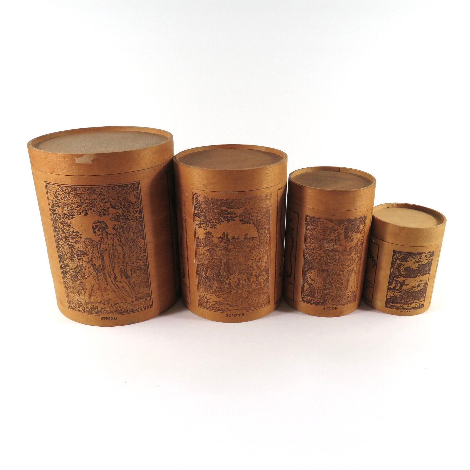 Laurie & Whittle Four Seasons Woodcuts Nesting Canisters Vintage Set of 4