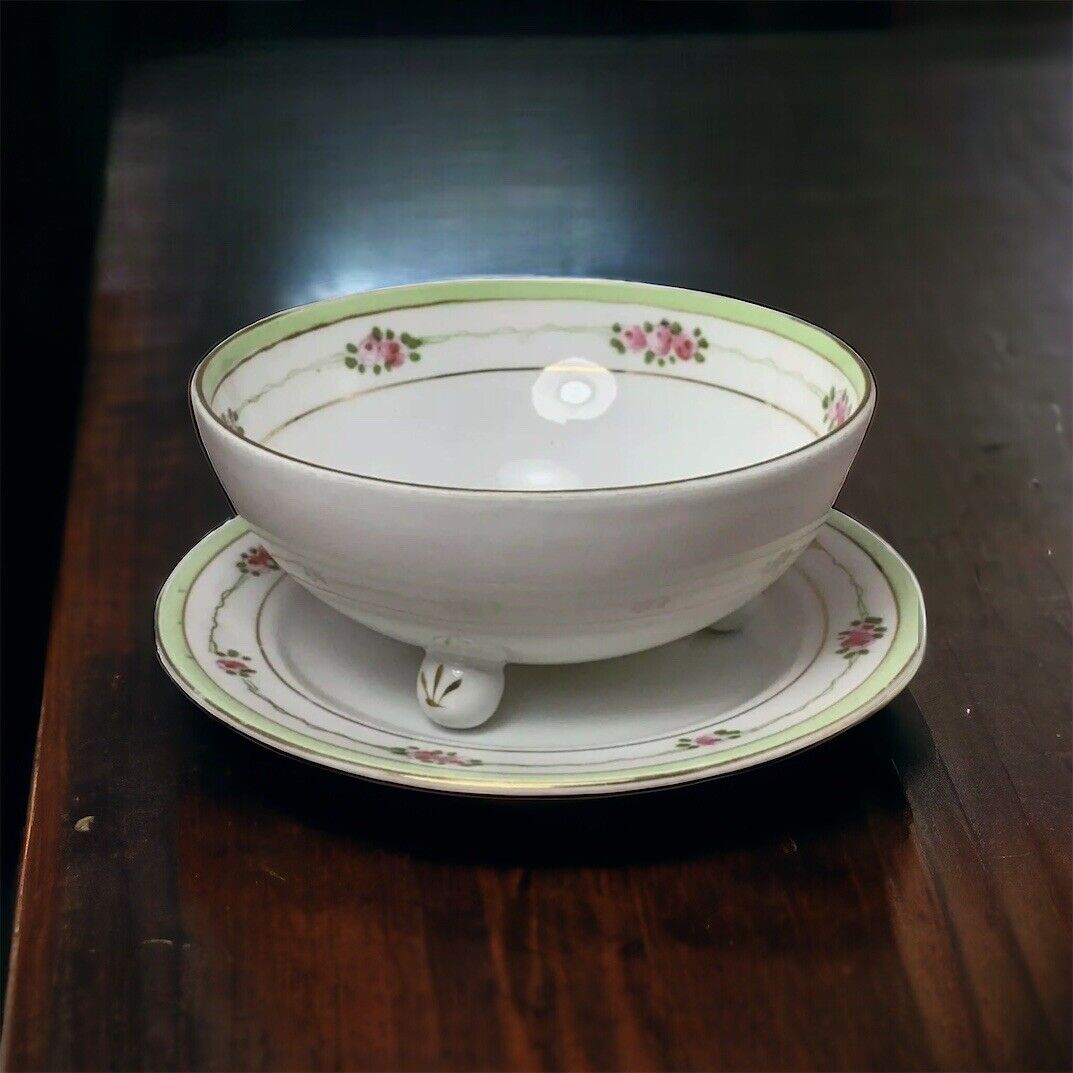 Nippon Hand Painted China 3 Footed Porcelain Bowl & Plate Green & Pink Vintage