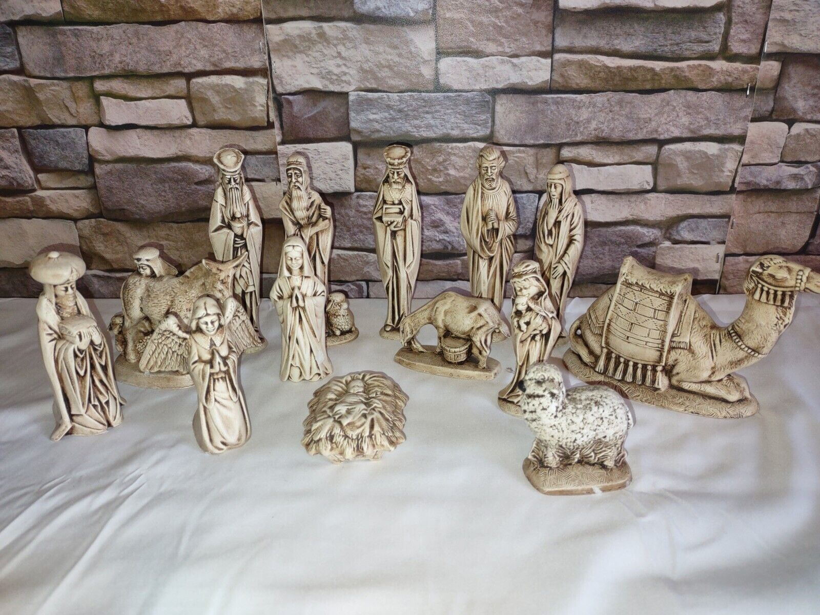 Vintage Byron Molds Nativity Set 13 Piece Porcelain Beige MCM 1973 Holy Family