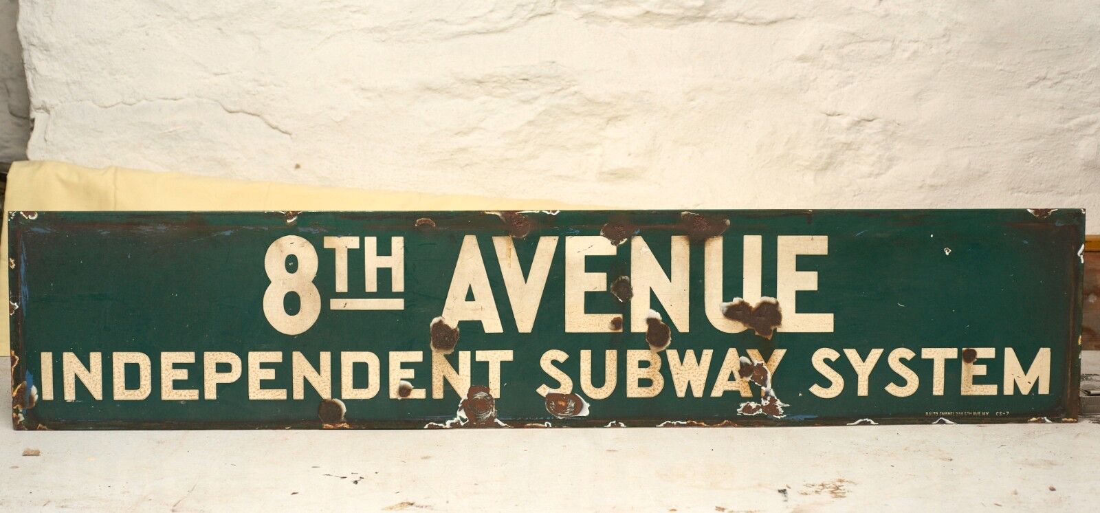Vntg New York City 8th Ave Subway Sign Station Entrance ISS IND Green Enamel
