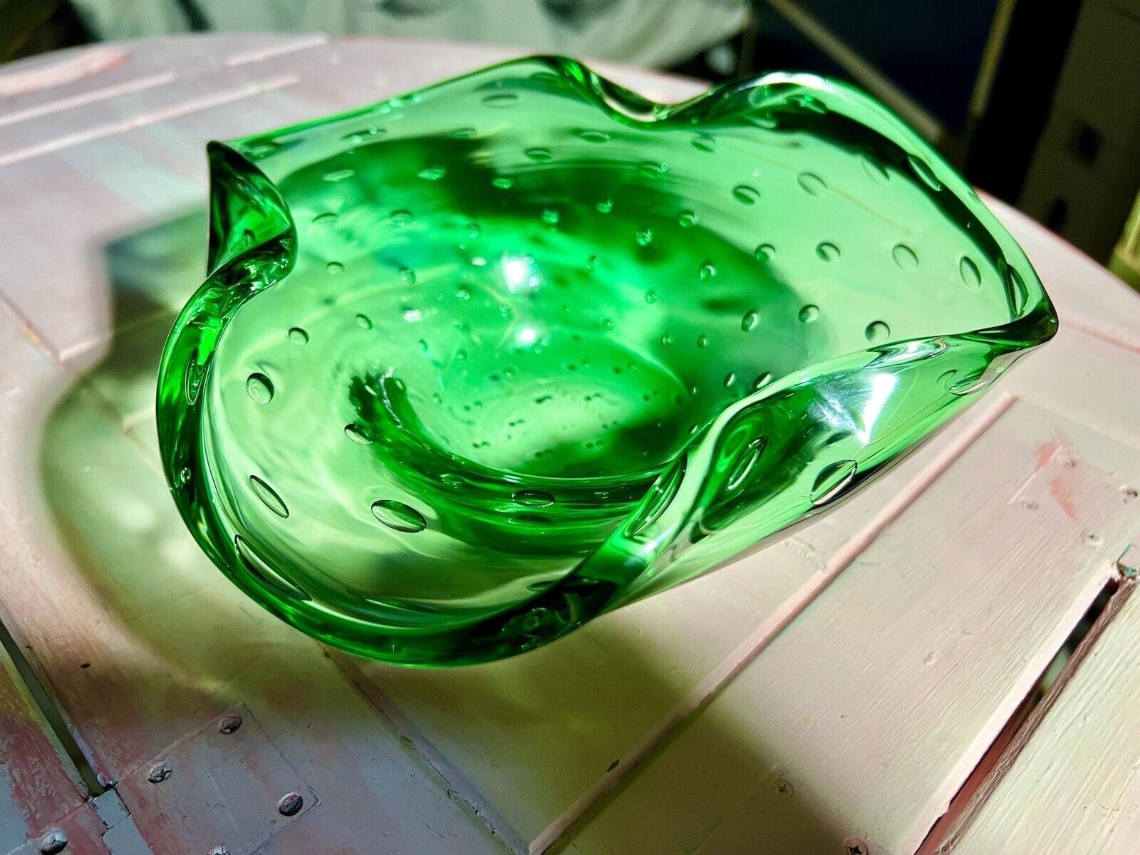 Vintage Murano Green Glass Bubble Bowl Decor Trinket Holder 