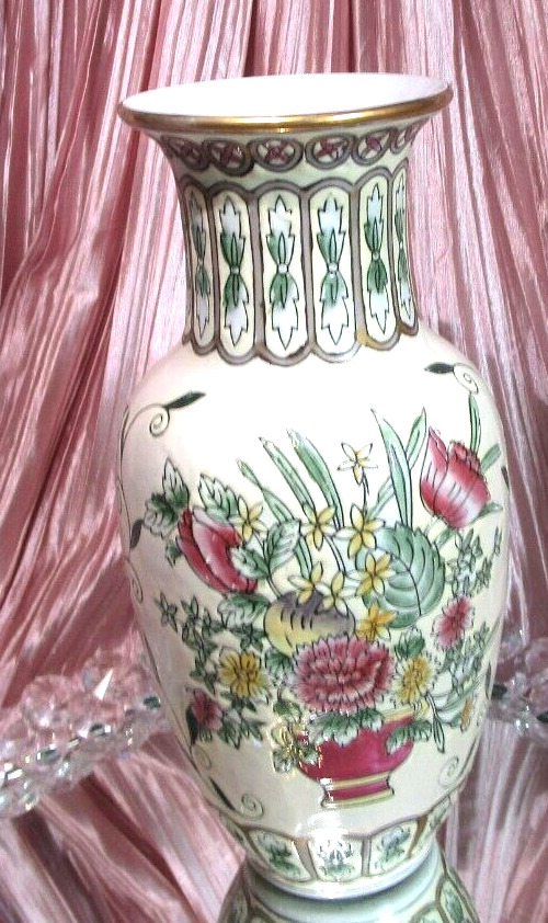Chinese Asian Baluster Form Porcelain Hand Painted Vase with Flowers and Vine