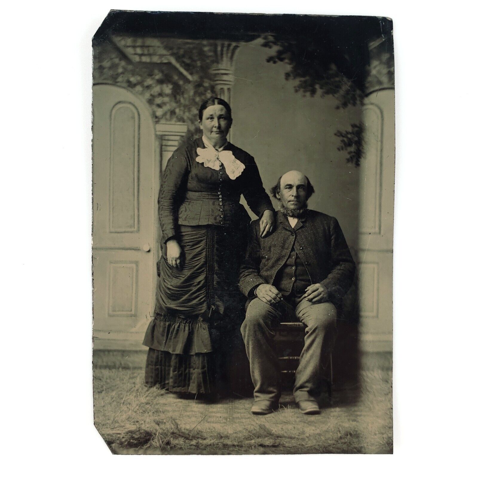 Bald Chin Curtain Man Tintype c1870 Old Rural Couple 1/6 Plate Lady Photo A2923