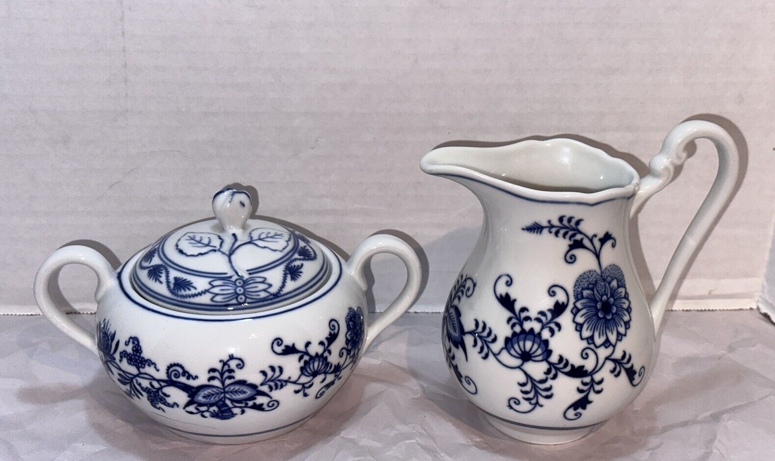 Vtg Zwiebelmuster Czechoslovakia Sugar Bowl Cream Pitcher Blue Onion Porcelain