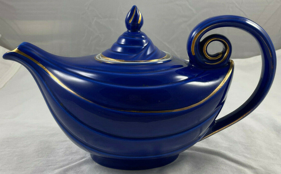 Aladdin Teapot Hall Blue w/ Gold Trim 1940\'s Cobalt Vintage MCM