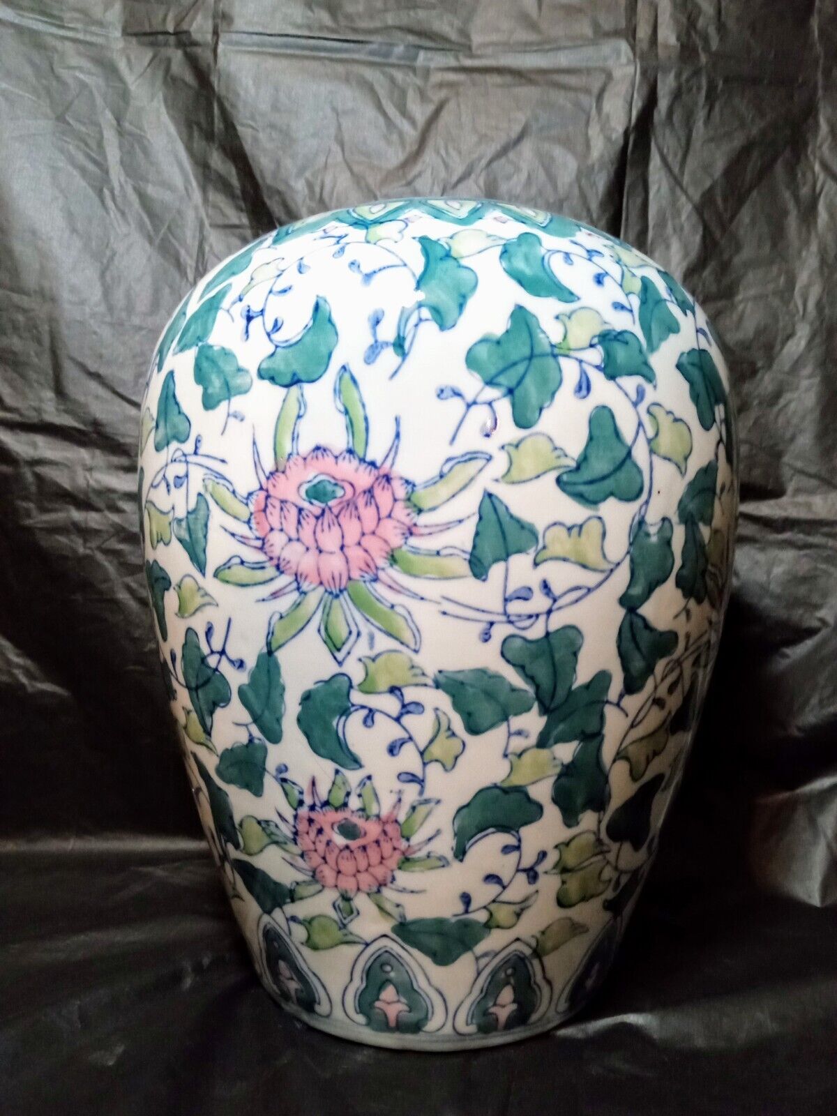 Vintage Chinese Pink Lotus Flowers Porcelain Vase or Ginger Jar w/o Lid 