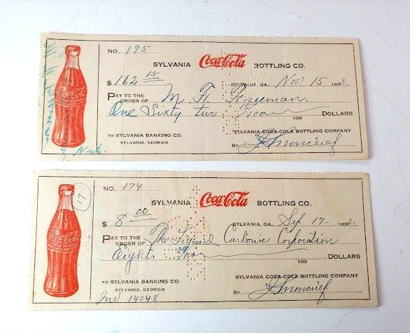 1932 1933 Coca Cola Sylvania Georgia Bottling Co Check pair Coke VG+