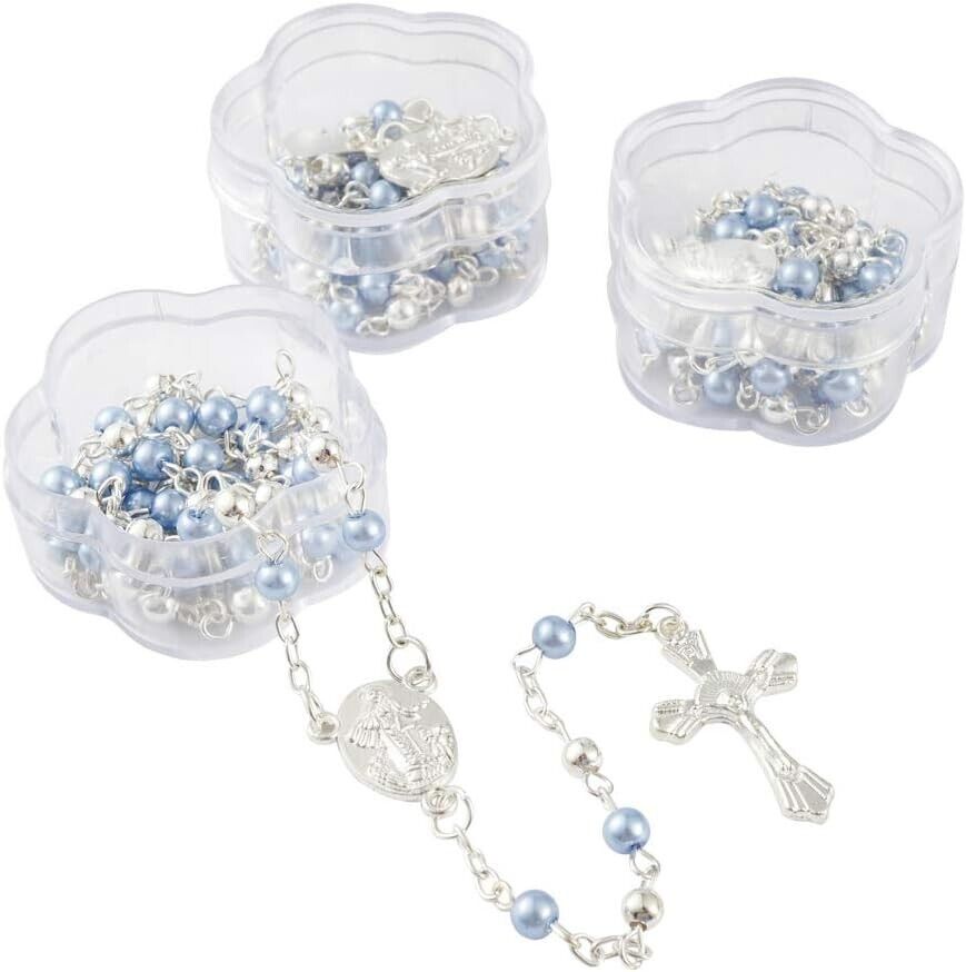 12 x Wholesale Bulk blue & silverFaux Pearl Rosaries for Baptism, Wedding, Memor