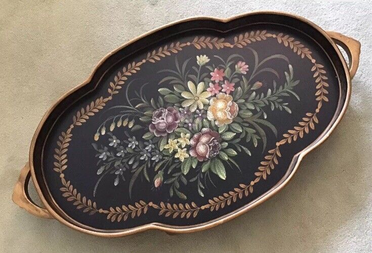 LARGE CASTILIAN IMPORTS PAINTED FLORAL BLACK GOLD MULTI WOODEN TRAY FOOTED