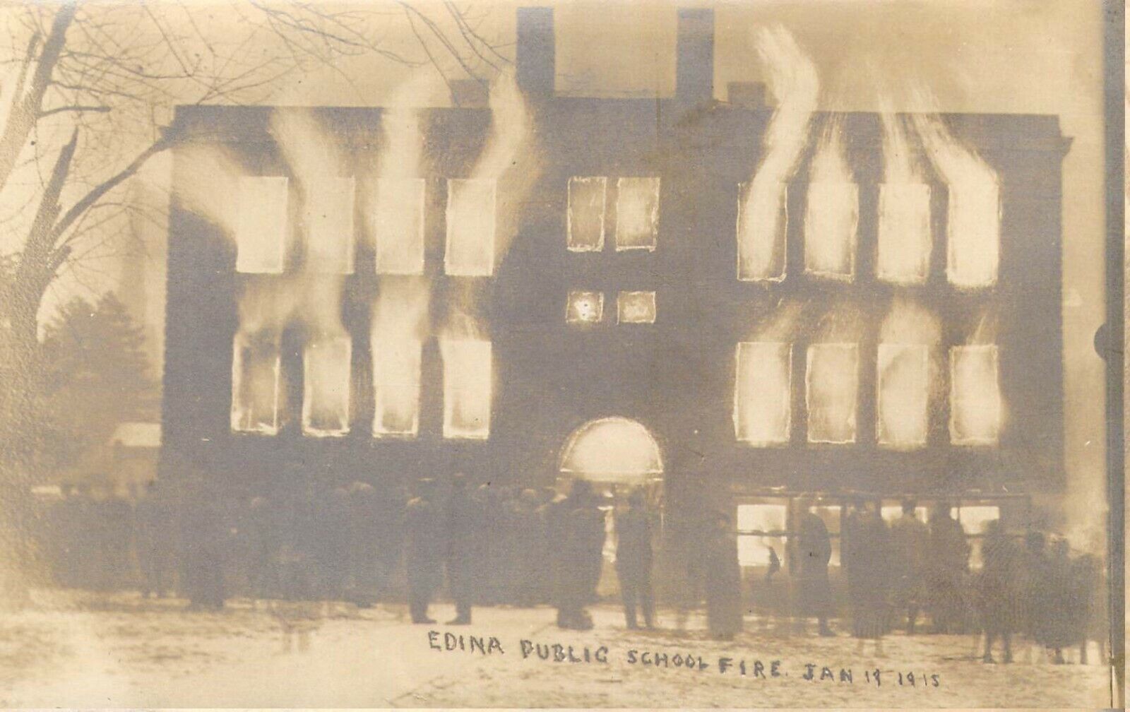 Real Photo Edina public school fire 1-19-1915 night photo