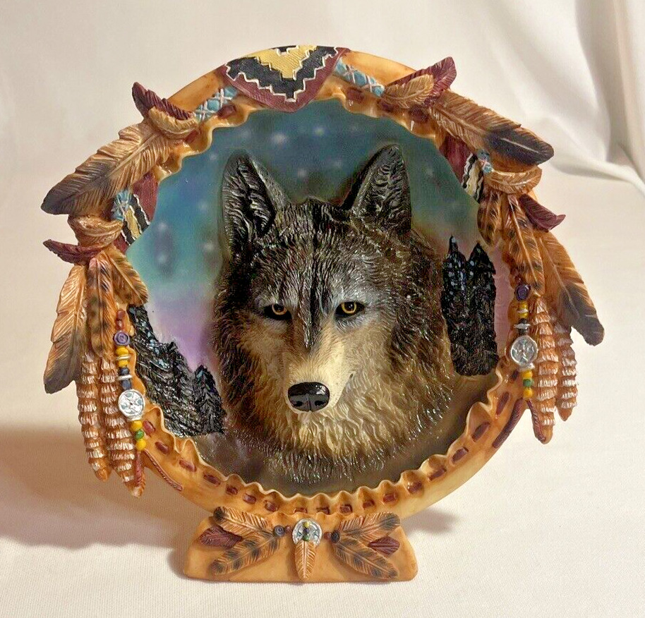 Beautiful Wolf Decorative Plate with Feathers and a Stand