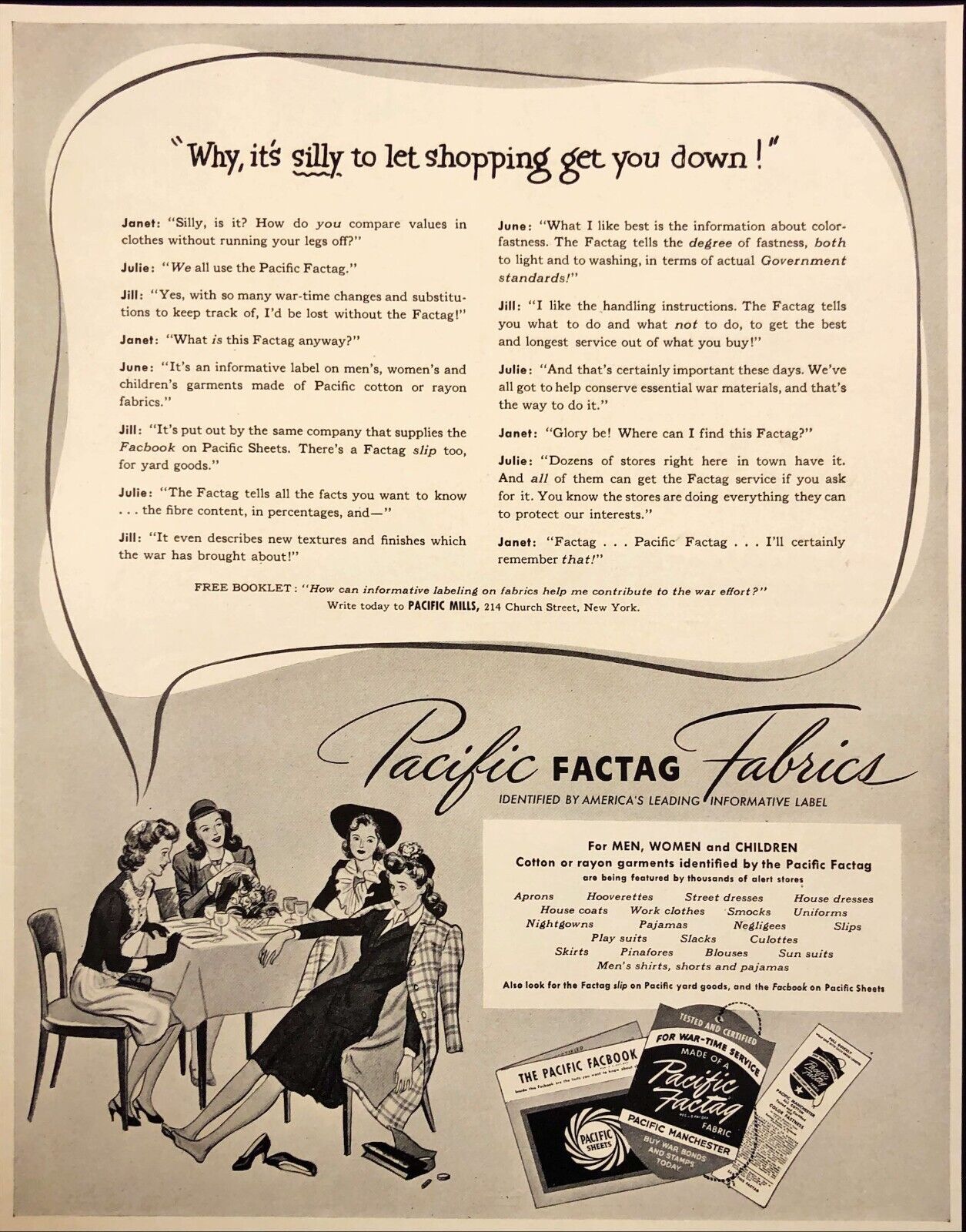 1942 Pacific Mills Factag Fabrics Informative Label Garments Vintage Print Ad