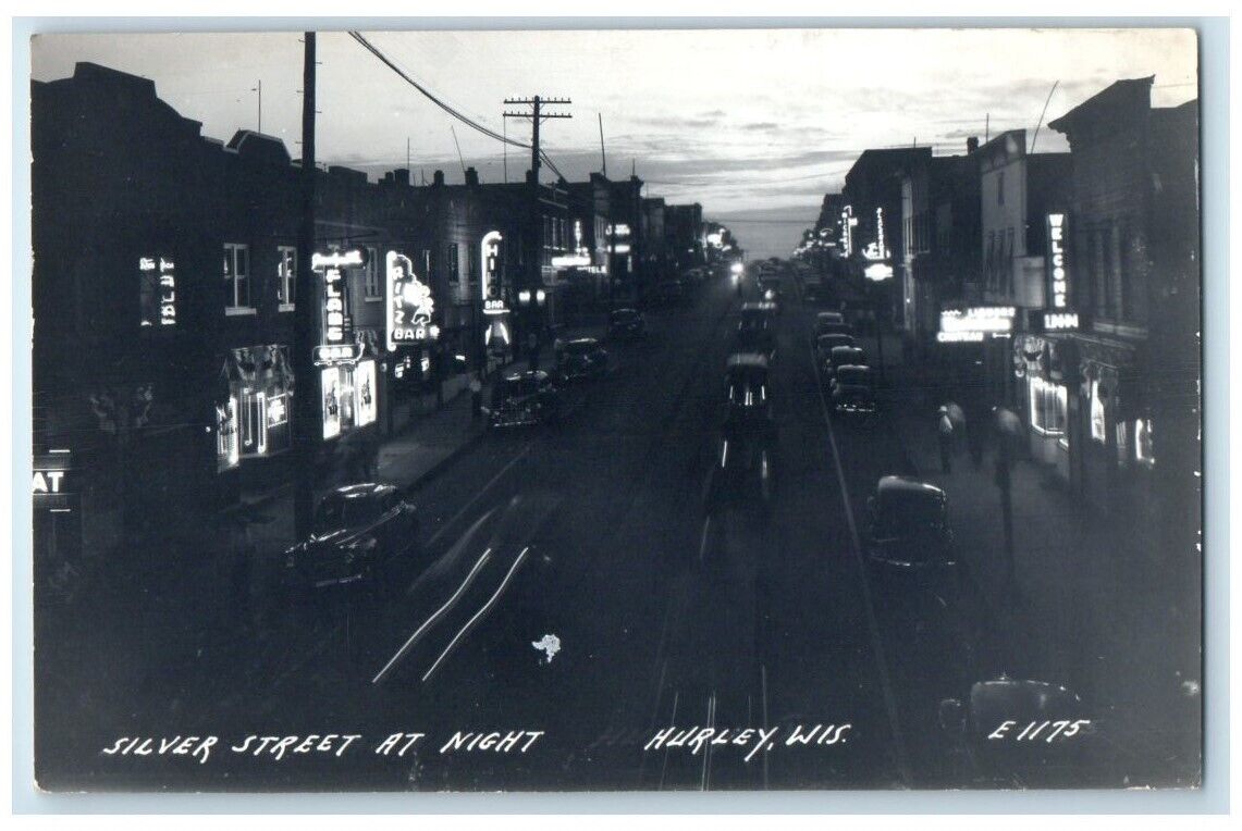 c1950's Silver Street At Night Bar Inn Hotel View Hurley WI RPPC Photo Postcard