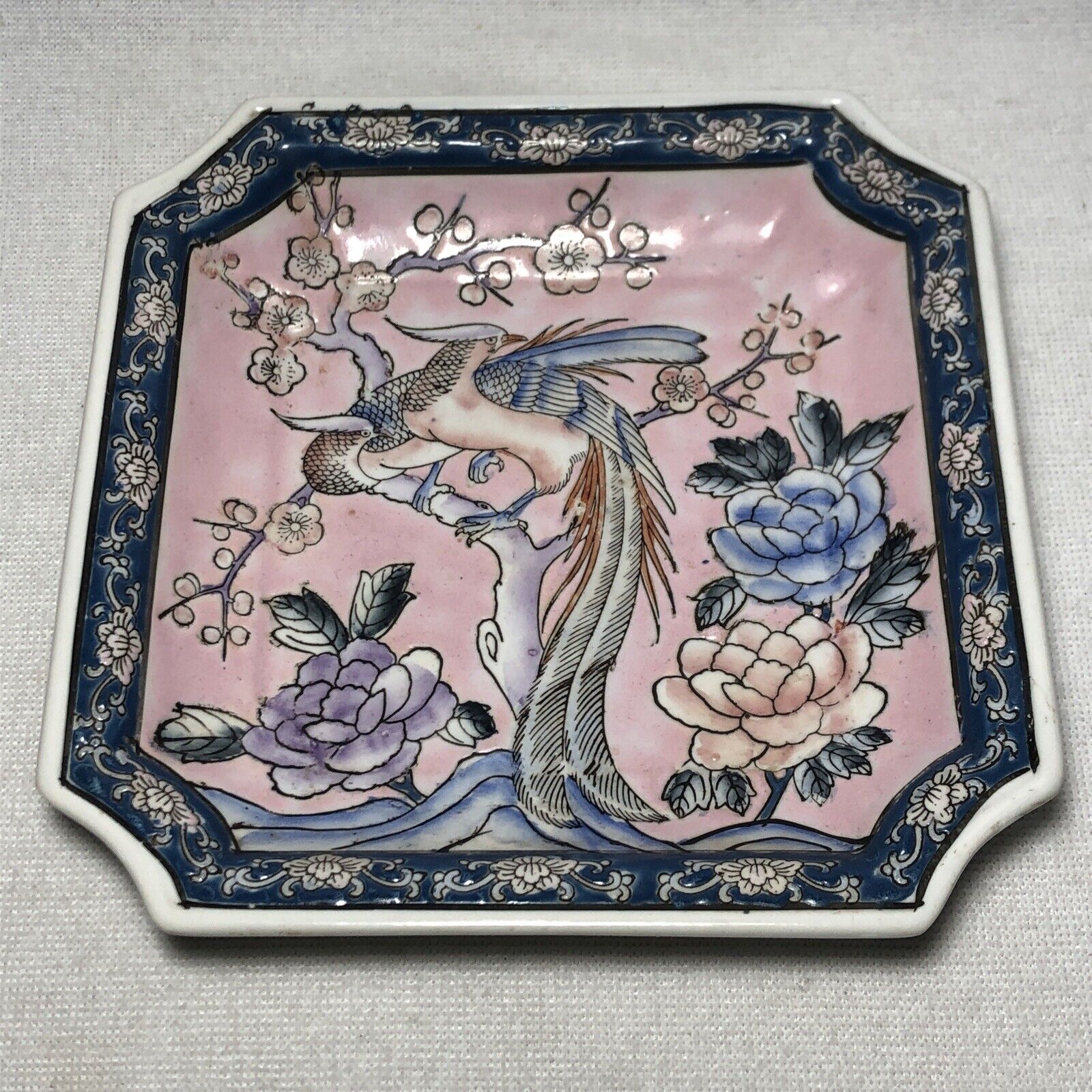 7.5” Vtg ‘30s Square Hand Painted Phoenix Plate Decor Etched Macau Japanese