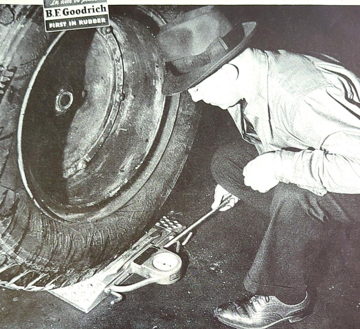 1944 B F Goodrich Truck Bus Tires Vintage Print Ad Man Weighing Axle Wheel