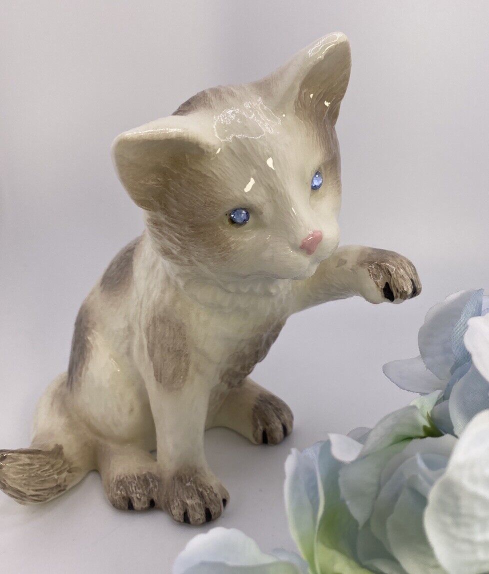 Ceramic Kitten Handpainted 6 Inches Tall Blue Rhinestone Eyes. Cat Figuire.