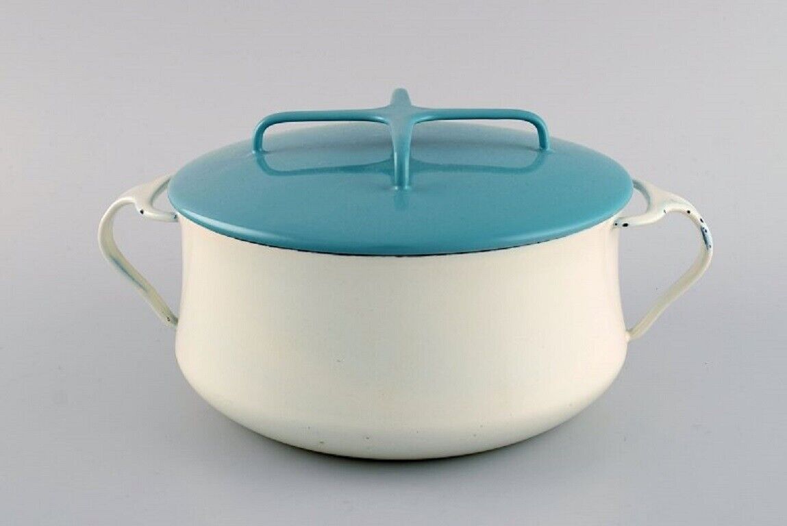 Jens H. Quistgaard: Pot with lid in turquoise and cream colored enamel. 1960\'s