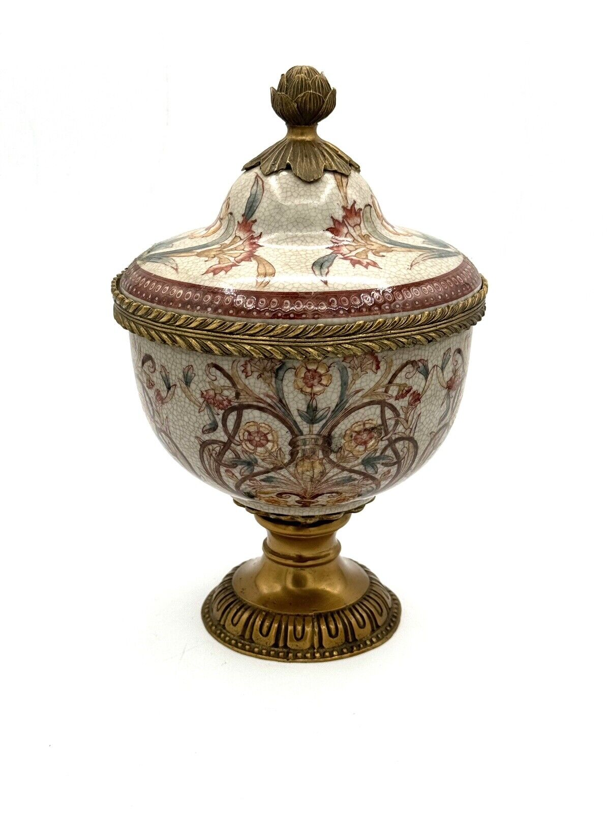 Ornate Decorative Porcelain and Bronze Urn with Lid Decorative