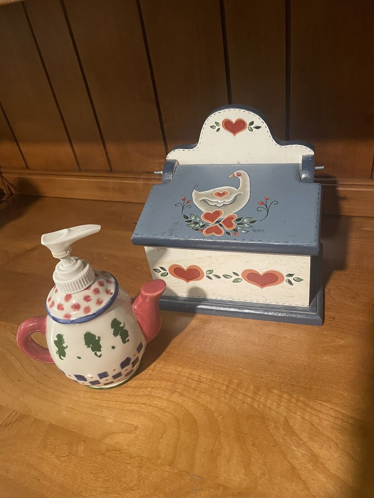 Cottage core Set Vintage Wood Painted Recipe Box Ceramic Teapot Soap Dispenser