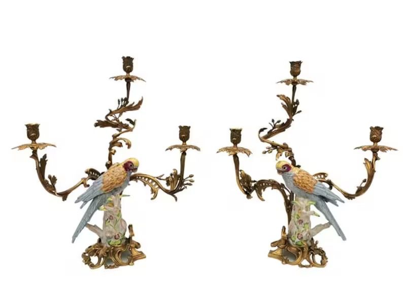 XXL Set Of Porcelain Boho Decor Candlesticks With Bronze Ornaments Parrots Rrae