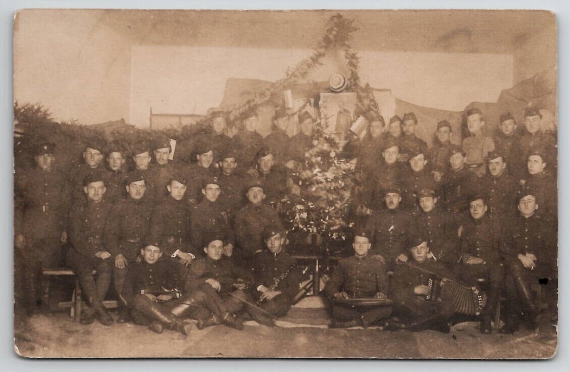 Bulgaria WW1 Soldiers Christmas Celebration Tree Musicians Photo  Postcard Q26