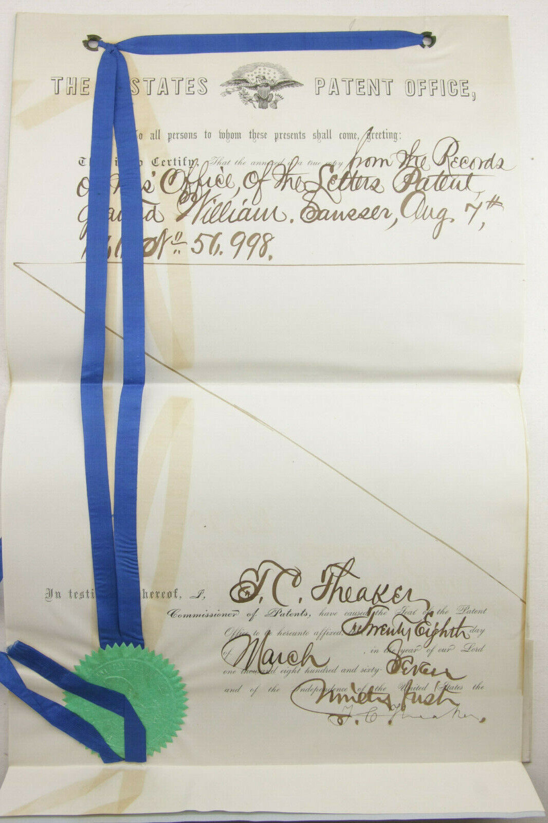 Certified 1867 Copy of 1866 US Patent Folding Pocket Knife Wm Sausser MO P1043H