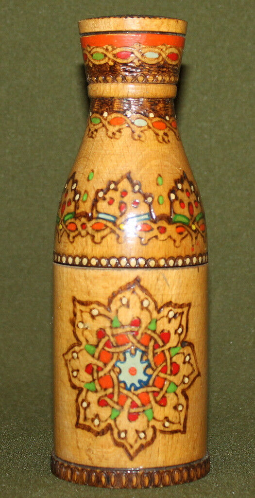 Vintage decorative hand made pyrography wood bottle