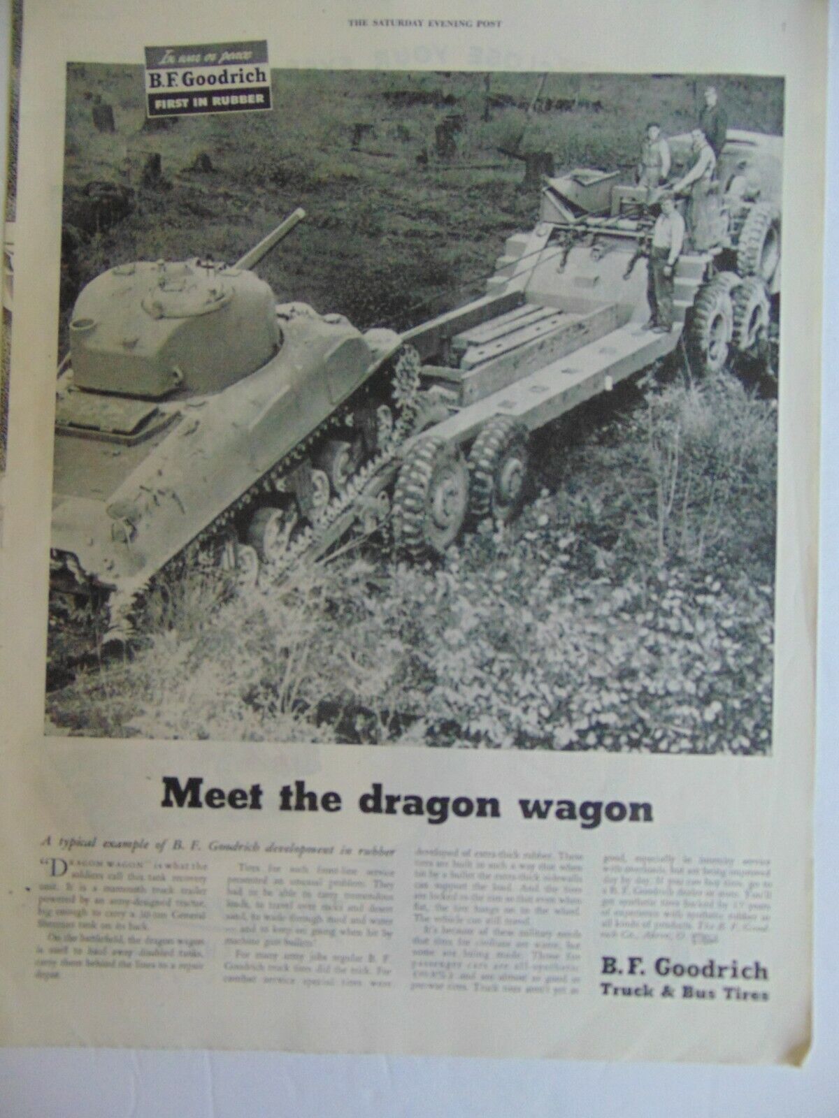 1944 B.F. GOODRICH WWII The DRAGON WAGON  Moves Tanks vintage art print ad