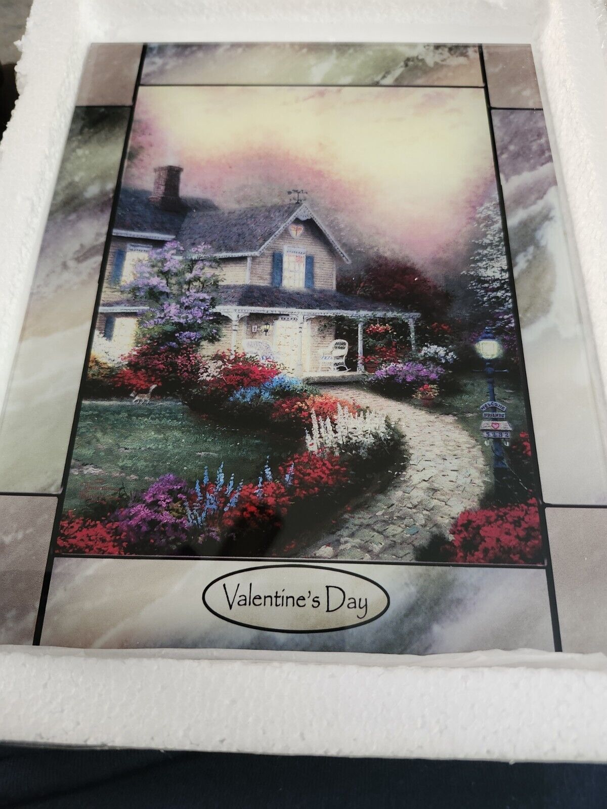 Thomas Kinkade Lighted Stained-Glass Clock Collection Panel Valentine's Day New 