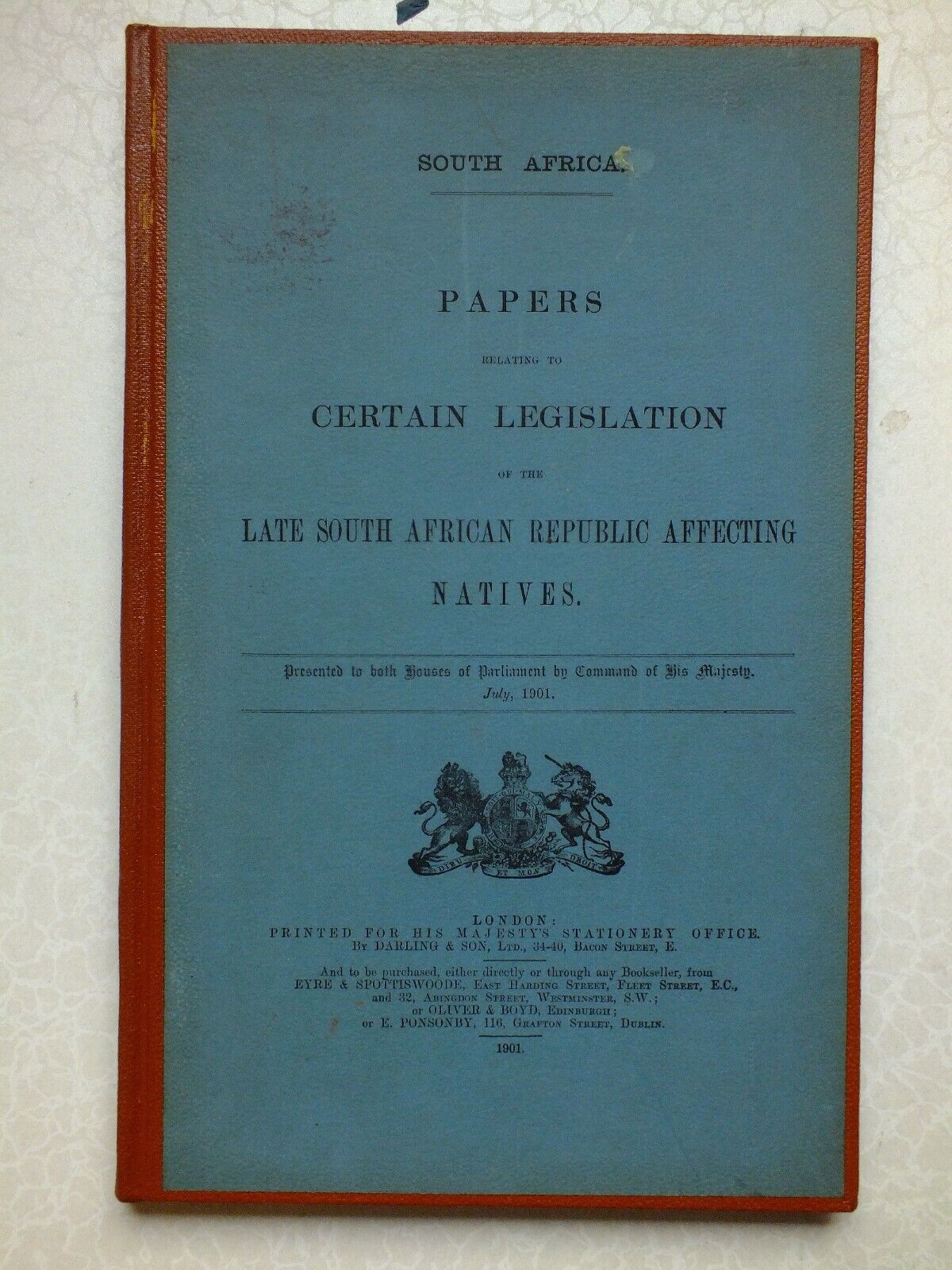 Papers Relating Legislation Late South African Republic Affecting Natives *1901*
