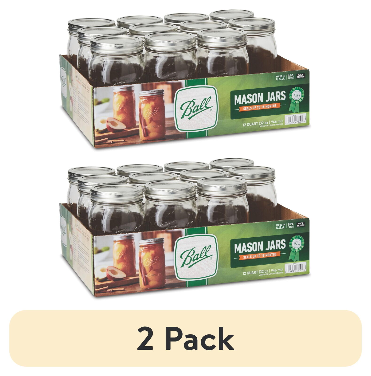 (2 pack) 67000 Wide Mouth Mason Jars, Quart (32 Oz), Box of 12
