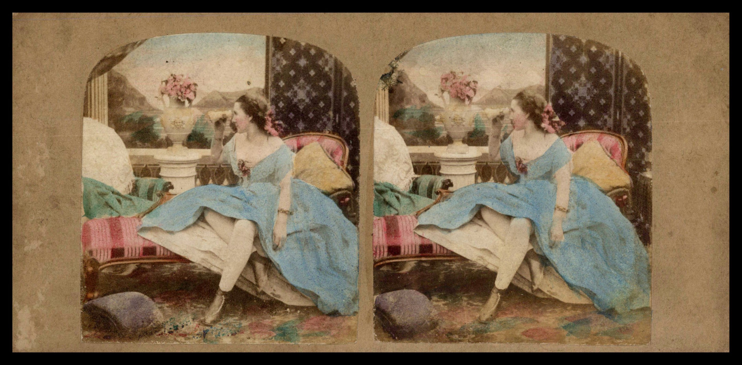 Woman Looking Out, ca.1870, Stereo Watercolor Vintage Stereo Print, t
