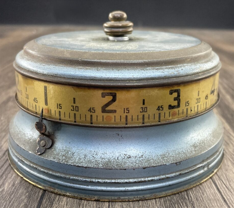 Antique Vintage Blue USA Metal Rotary Tape Measure Wind up Desk Clock
