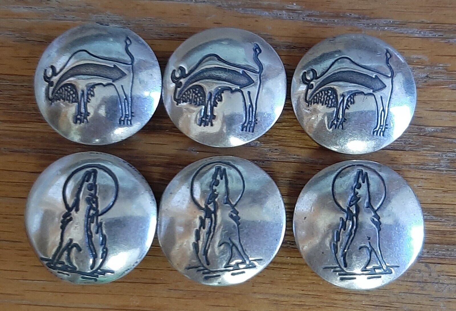 Lot Of 6 Vintage Native American Buffalo Wolf Howling Moon Silver Button Covers