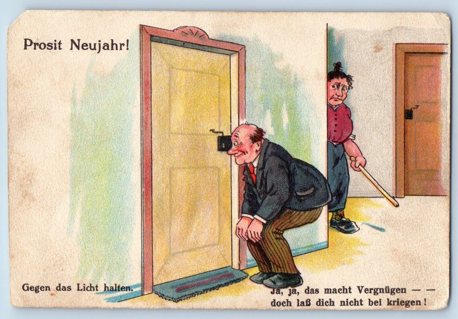 Humor Postcard Old Man Peeping Tom Angry Wife HTL c1910\'s Posted Antique