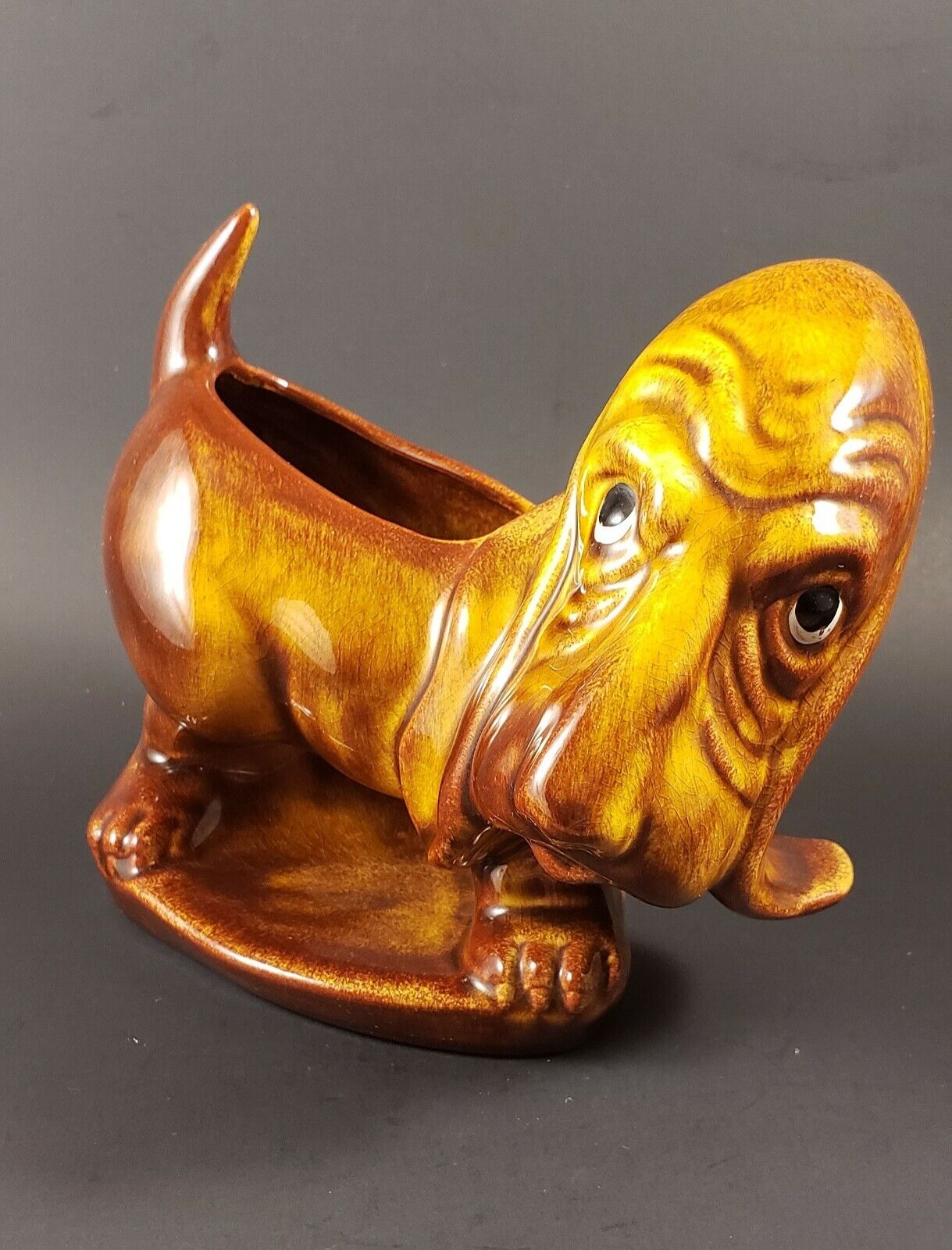 Vintage Ceramic Basset Hound Dog Planter, Brown Glazed, Collectible