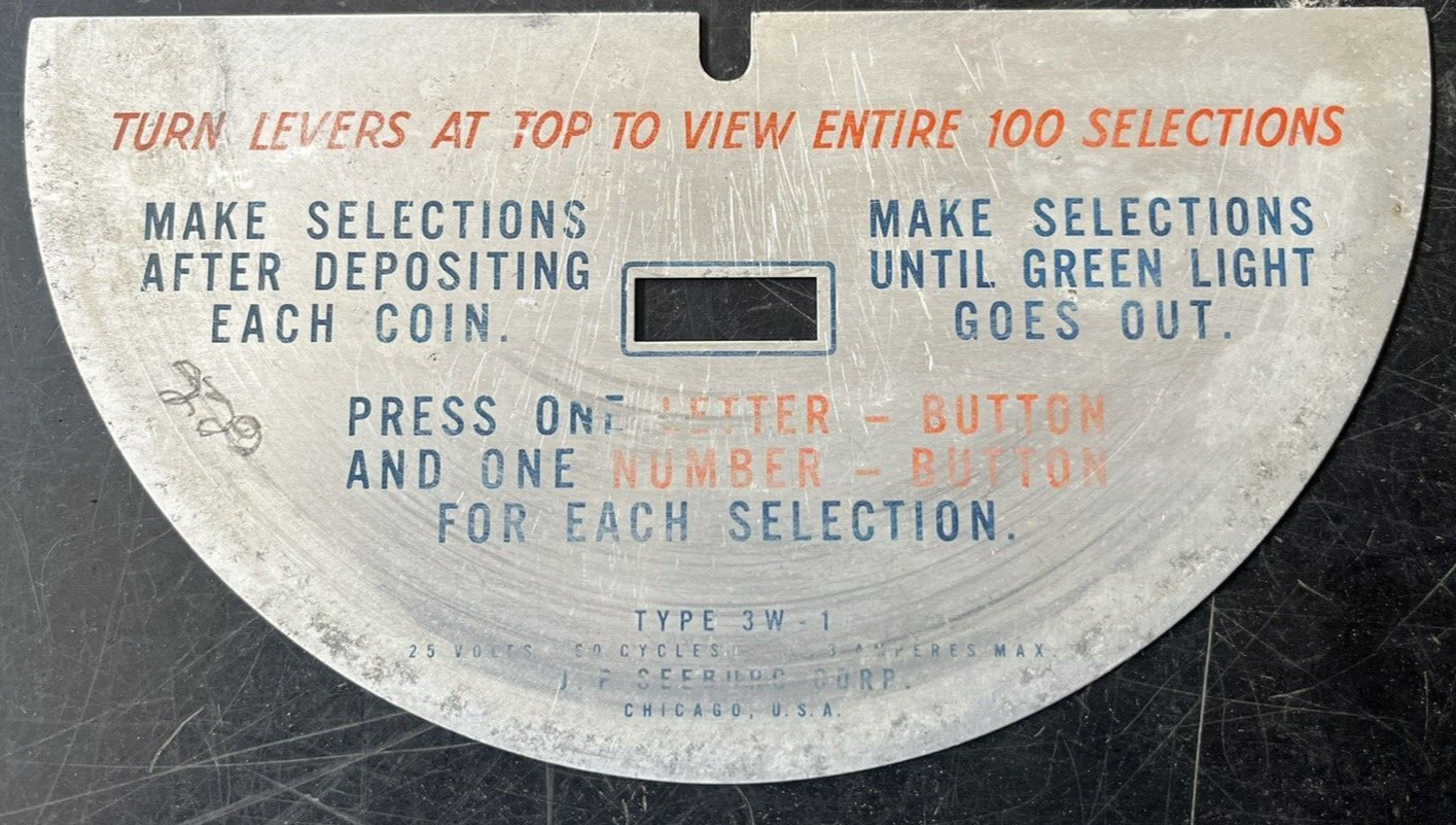 Vintage Seeburg 3W1 Wallbox Metal Instruction Name Plate Part Number - 505160
