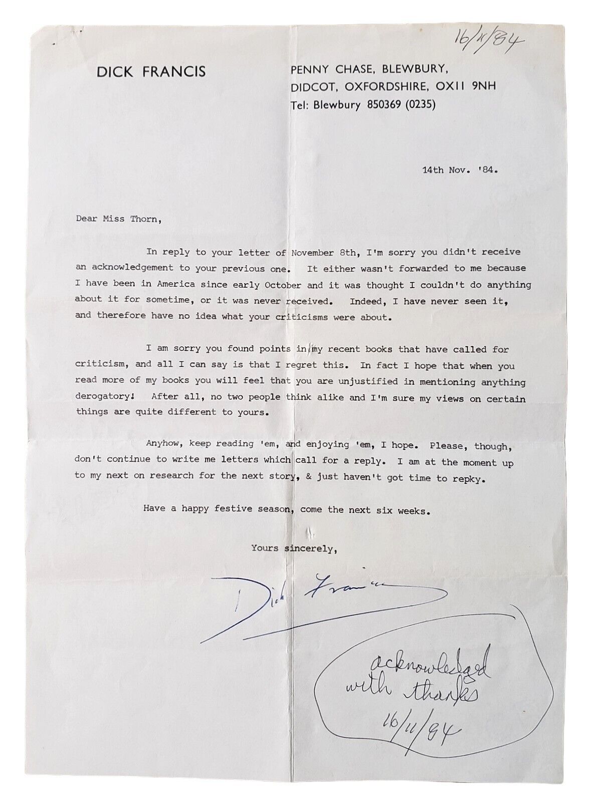 Dick Francis SIGNED letter to critical reader, British crime author, 1984 TLS
