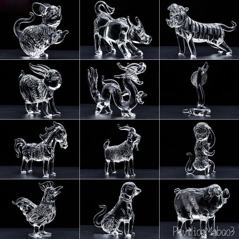 12 Pcs Chinese Crystal 12 Zodiac Animals Statue Table Decor Craft Collection