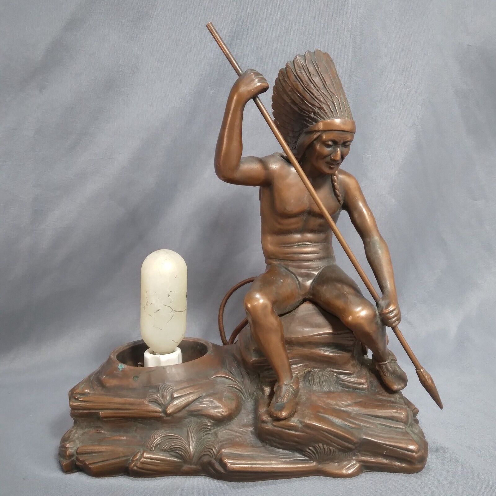 Antique Jennings Brothers JB 2227 Bronze Indian Chief Statue Table Lamp 8