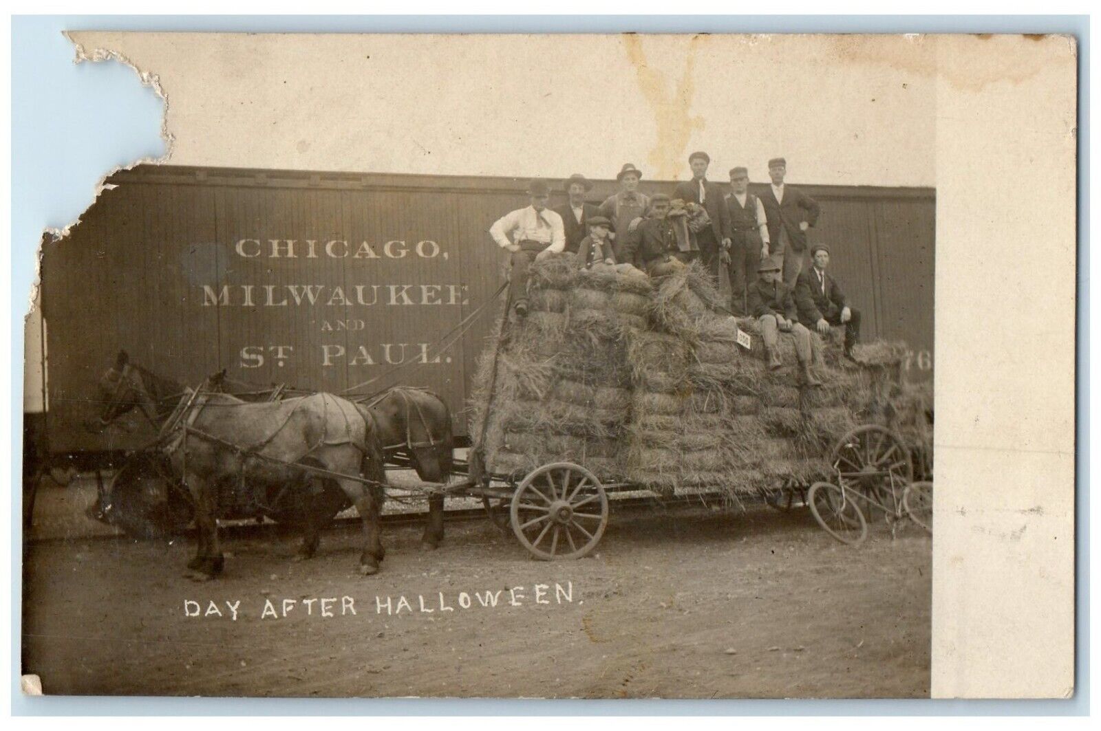 c1910's Milwaukee Railroad Horses Hay Wagon RPPC Photo Posted Antique Postcard