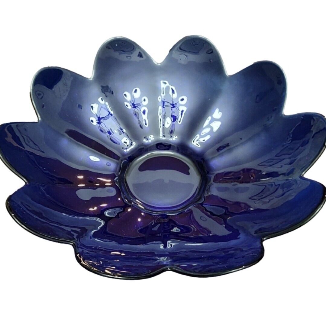 Murano Glass Vintage Yalos Casa Blown Signed Flower Petal Bowl Italy CobaltBlue